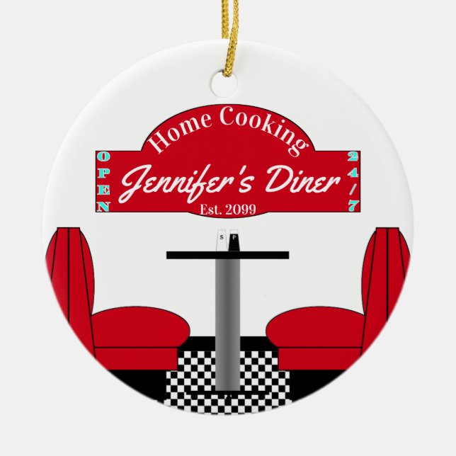 Ornamento De Cerâmica Nome do Cozinhar inicial Chef Diner Retro Square (Frente)