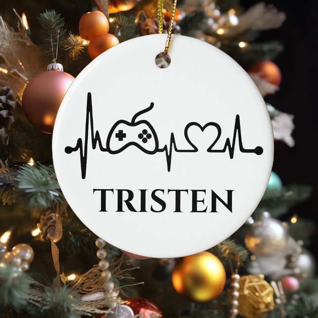 Ornamento De Cerâmica Nome do Monograma do Coração do Jogador de Jogos  (Criador carregado)