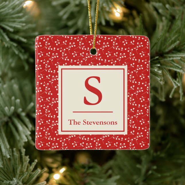 Ornamento De Cerâmica Nome do Monograma do Padrão Botânico Vermelho Simp (Árvore)