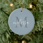 Ornamento De Cerâmica Nome do Monograma do Script Azul Elegante Natal<br><div class="desc">Enfeites de natal de Nome do Monograma Personalizado de Script Dourado Azul Elegante</div>