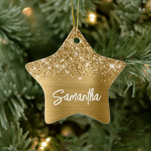 Ornamento De Cerâmica Nome do Script da Escova Glamour Dourado Glitter