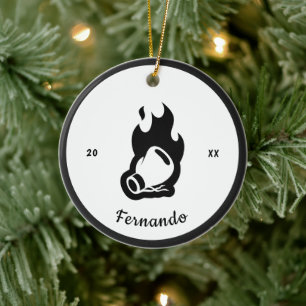 Ornamento De Cerâmica Nome e ano da boxinha de luva preta flamejante