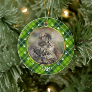 Ornamento De Cerâmica Nome e quadro de fotos de gato da Xadrez Verde de 