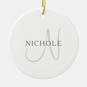 Ornamento De Cerâmica Nome Elegante Monograma Branco & Cinza
