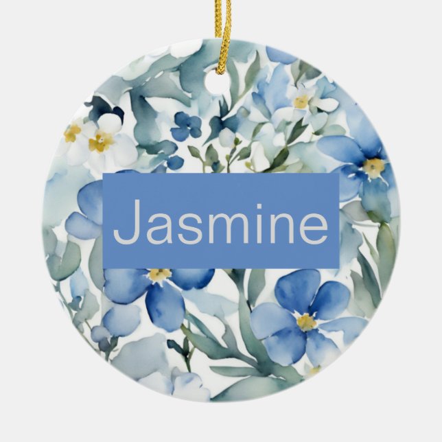 Ornamento De Cerâmica Nome Floral Azul Mínimo Moderno Profissional (Frente)