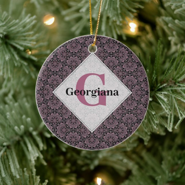 Ornamento De Cerâmica Nome Personalizado 1920 Dusky Rosa Floral Fronds M (Árvore)