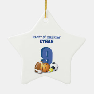Ornamento De Cerâmica Nome Personalizado 9. º Aniversário de Esportes