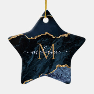 Ornamento De Cerâmica Nome Personalizado Agate Marinho Azul Dourado Gems