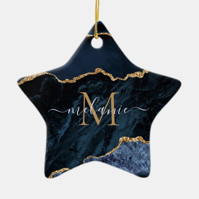Ornamento De Cerâmica Nome Personalizado Agate Marinho Azul Dourado Gems (Frente)