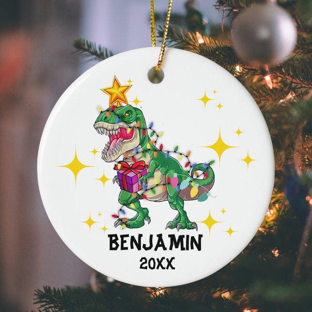 Ornamento De Cerâmica Nome Personalizado Ano Dinossauro Natal (Criador carregado)