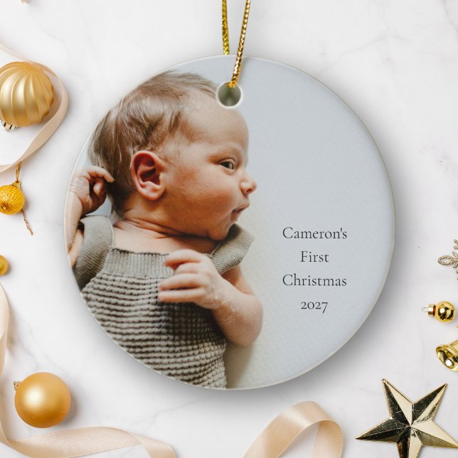 Ornamento De Cerâmica Nome Personalizado Ano Primeiro Natal Foto do Bebê (Criador carregado)