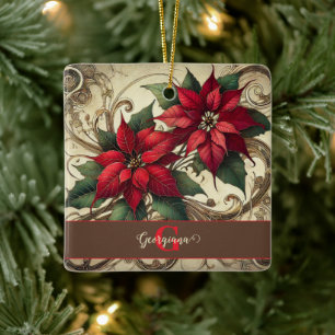Ornamento De Cerâmica Nome Personalizado Art Nouveau Poinsettia de Natal