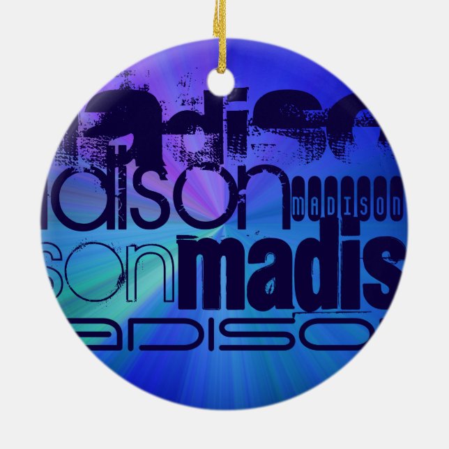 Ornamento De Cerâmica Nome Personalizado; Azul & Abstrato Roxo, Verde, A (Traseira)