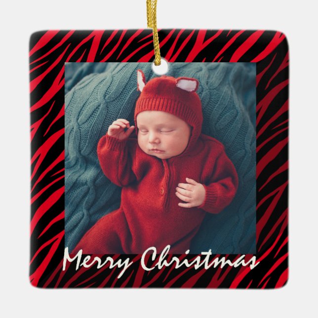 Ornamento De Cerâmica Nome Personalizado Bastante E Foto Red Zebra Natal (Frente)