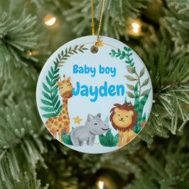 Ornamento De Cerâmica Nome personalizado bebê azul safari animal Natal