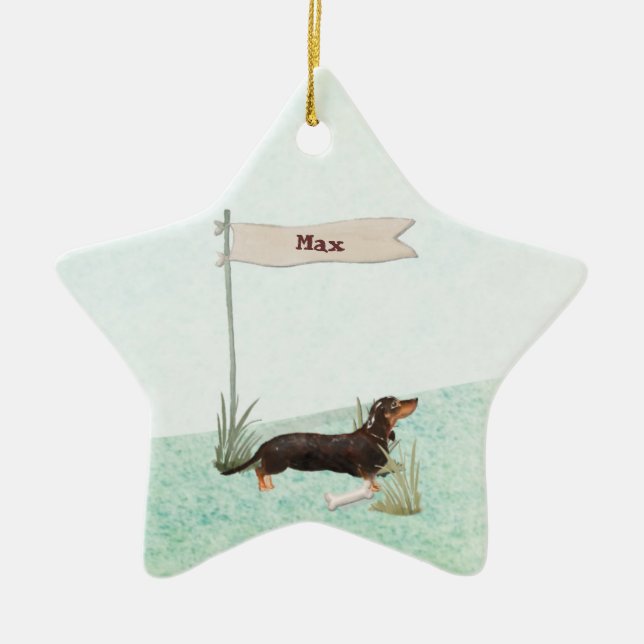 Ornamento De Cerâmica Nome personalizado Black & Tan Dachshund Pet Dog (Frente)