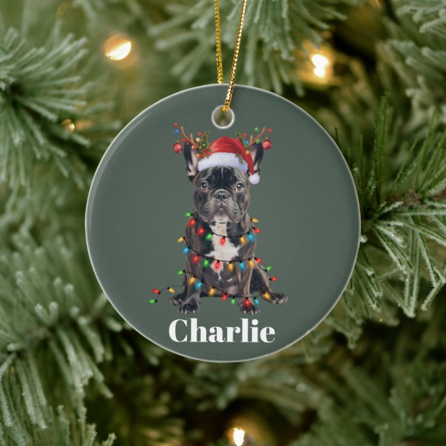 Ornamento De Cerâmica Nome Personalizado Cão-Bulldog Francês de Natal (Árvore)