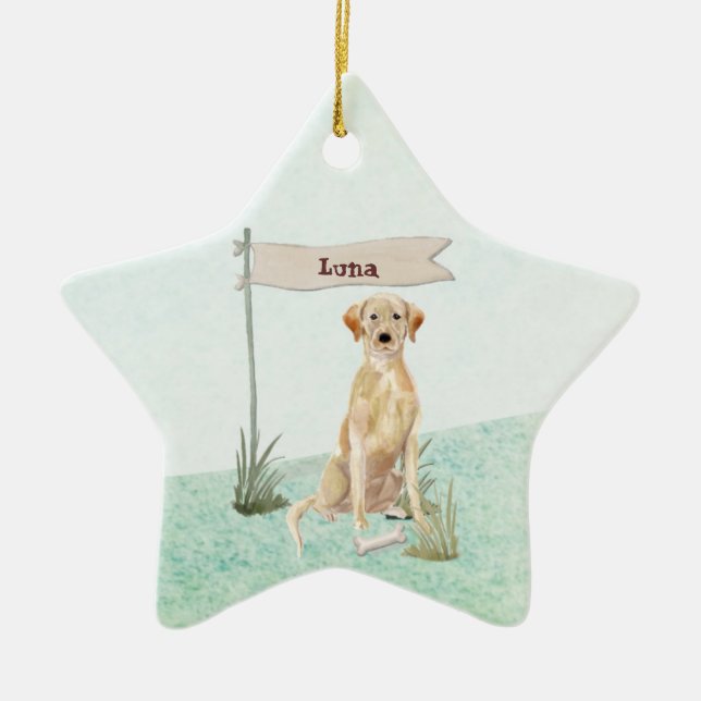 Ornamento De Cerâmica Nome Personalizado Cão de Pet Amarelo (Frente)