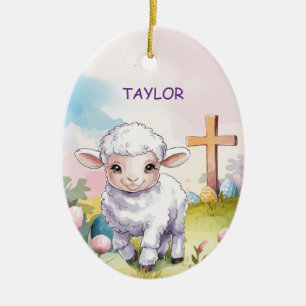 Ornamento De Cerâmica Nome Personalizado Cordeiro e Cruz de Bênçãos da P