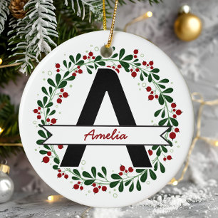 Ornamento De Cerâmica Nome Personalizado da Carta de Natal Inicial Perso