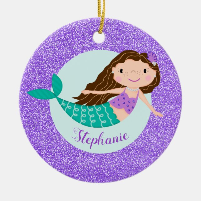 Ornamento De Cerâmica Nome Personalizado da Glitter Roxo da Sereia (Frente)