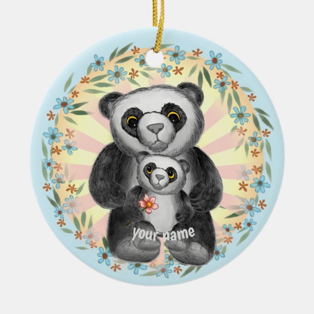 Ornamento De Cerâmica Nome personalizado da mamãe Panda Bear (Frente)