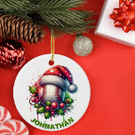 Ornamento De Cerâmica Nome Personalizado de Baseball de Natal com Santa<br><div class="desc">Bata em casa com sua decoração de férias com este ornamento festivo de beisebol! Apresentando uma bola de basebol clássica vestindo um chapéu de Papai Noel e rodeada por folhas sagradas e frutas vermelhas, este ornamento é perfeito para qualquer fã de beisebol que queira trazer seu amor pelo jogo para...</div>