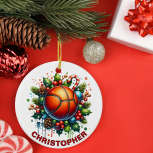 Ornamento De Cerâmica Nome Personalizado de Basquete de Natal