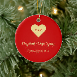 Ornamento De Cerâmica Nome personalizado de casamento Data Cardíaco Mono