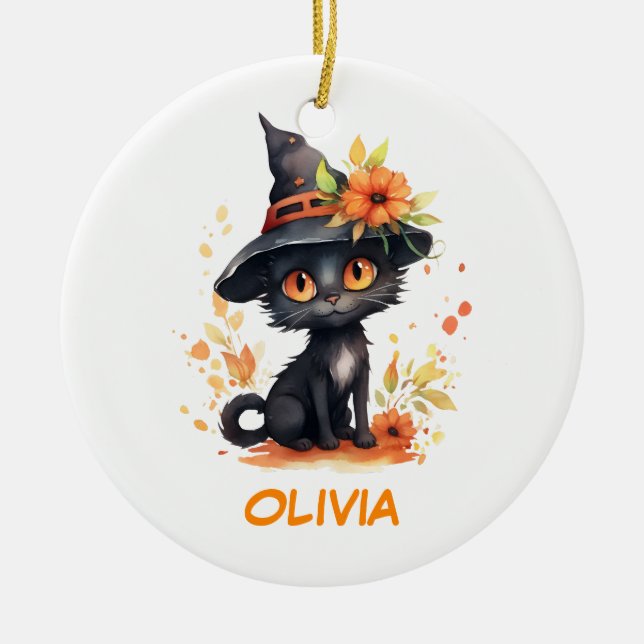 Ornamento De Cerâmica Nome Personalizado de Gato do Doce Halloween (Frente)