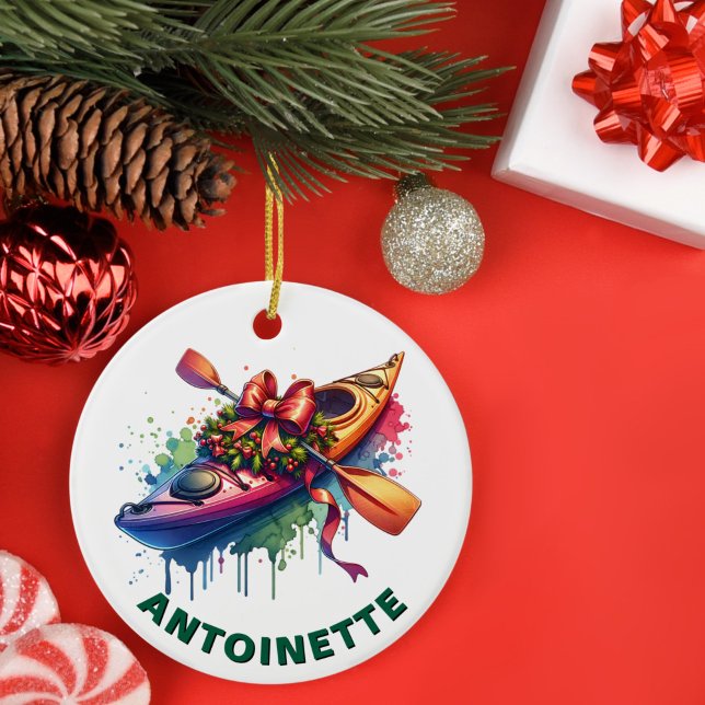 Ornamento De Cerâmica Nome Personalizado de Kayak Natal (Criador carregado)