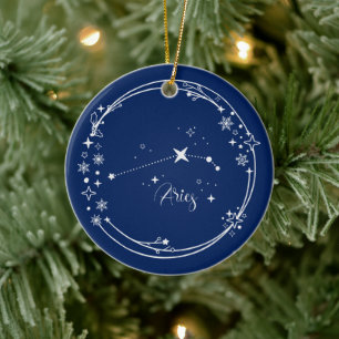Ornamento De Cerâmica Nome personalizado de Natal Aries Zodac Blue Silve
