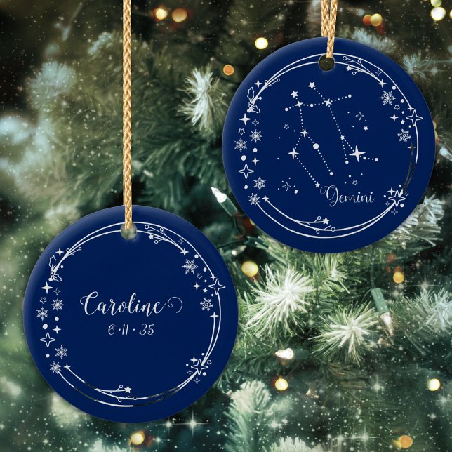 Ornamento De Cerâmica Nome personalizado de Natal Gemini Zodiac Blue Sil (Criador carregado)