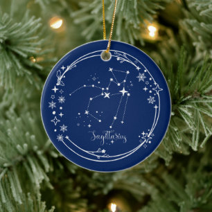 Ornamento De Cerâmica Nome Personalizado de Natal Sagittarius Blue Silve