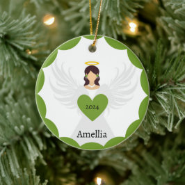 Ornamento De Cerâmica Nome Personalizado do Coração do Anjo Verde do Nat