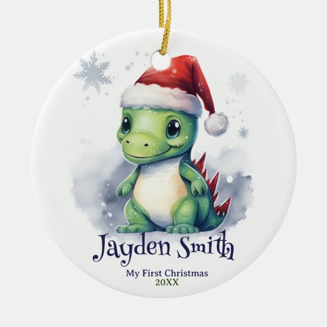 Ornamento De Cerâmica Nome Personalizado do Dinossauro Primeiro Natal (Frente)