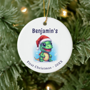 Ornamento De Cerâmica Nome Personalizado do Dinossauro Primeiro Natal