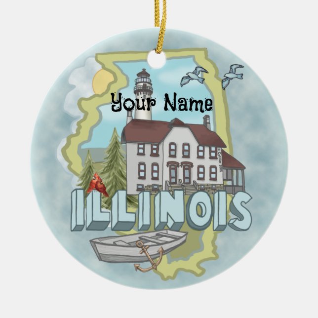 Ornamento De Cerâmica Nome personalizado do Ilhthouse de Illinois (Frente)