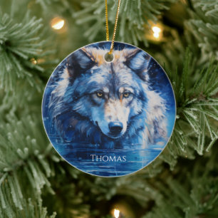Ornamento De Cerâmica Nome Personalizado do Lobo Inverno