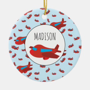 Ornamento De Cerâmica Nome Personalizado do Padrão de Avião Vermelho e A