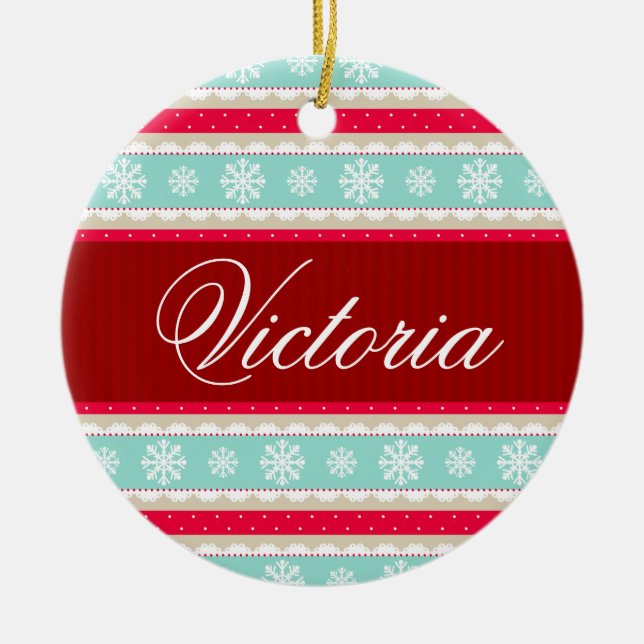 Ornamento De Cerâmica Nome Personalizado do Padrão de Férias de Natal (Frente)