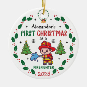 Ornamento De Cerâmica Nome Personalizado do Primeiro Natal do Bombeiro