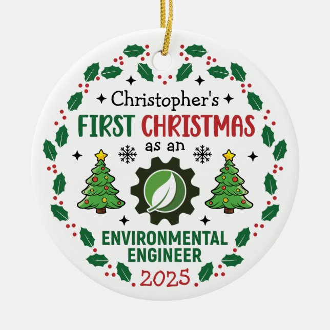 Ornamento De Cerâmica Nome Personalizado do Primeiro Natal do Engenheiro (Frente)