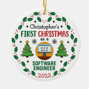 Ornamento De Cerâmica Nome Personalizado do Primeiro Natal do Engenheiro