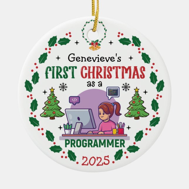 Ornamento De Cerâmica Nome Personalizado do Primeiro Natal do Programado (Frente)