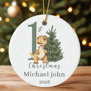 Ornamento De Cerâmica Nome Personalizado do Primeiro Natal e Dinossauro 
