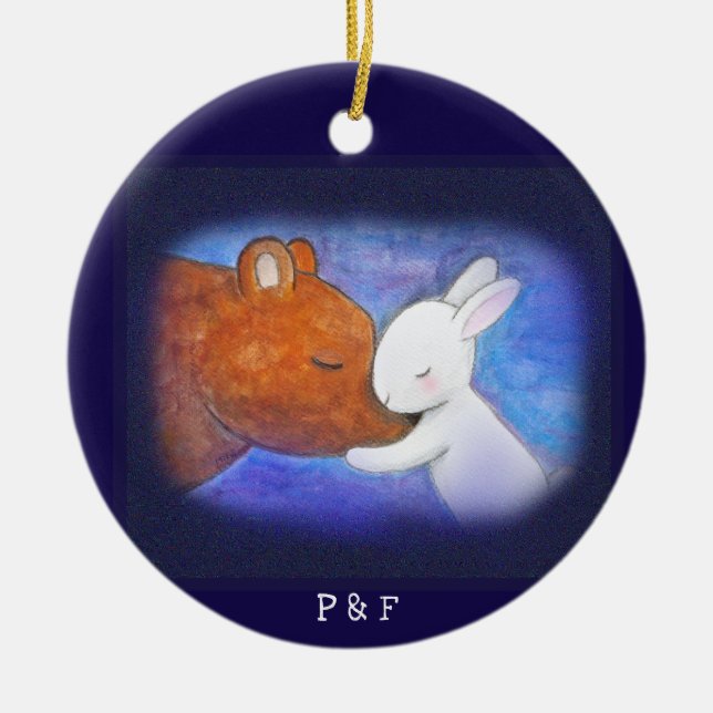 Ornamento De Cerâmica Nome Personalizado do Primeiro Urso de Natal e Coe (Frente)
