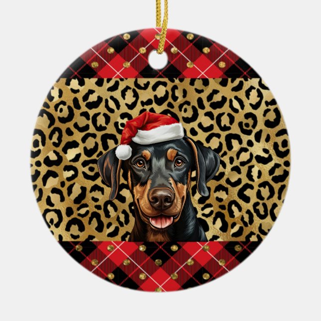Ornamento De Cerâmica Nome personalizado Doberman Pinscher dog Santa hat (Frente)