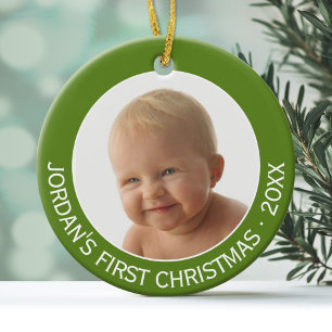 Ornamento De Cerâmica Nome personalizado e ano da primeira foto de Natal