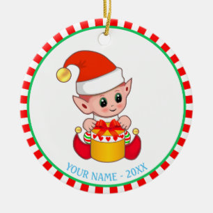 Ornamento De Cerâmica Nome Personalizado e Elf do Bebê Natal